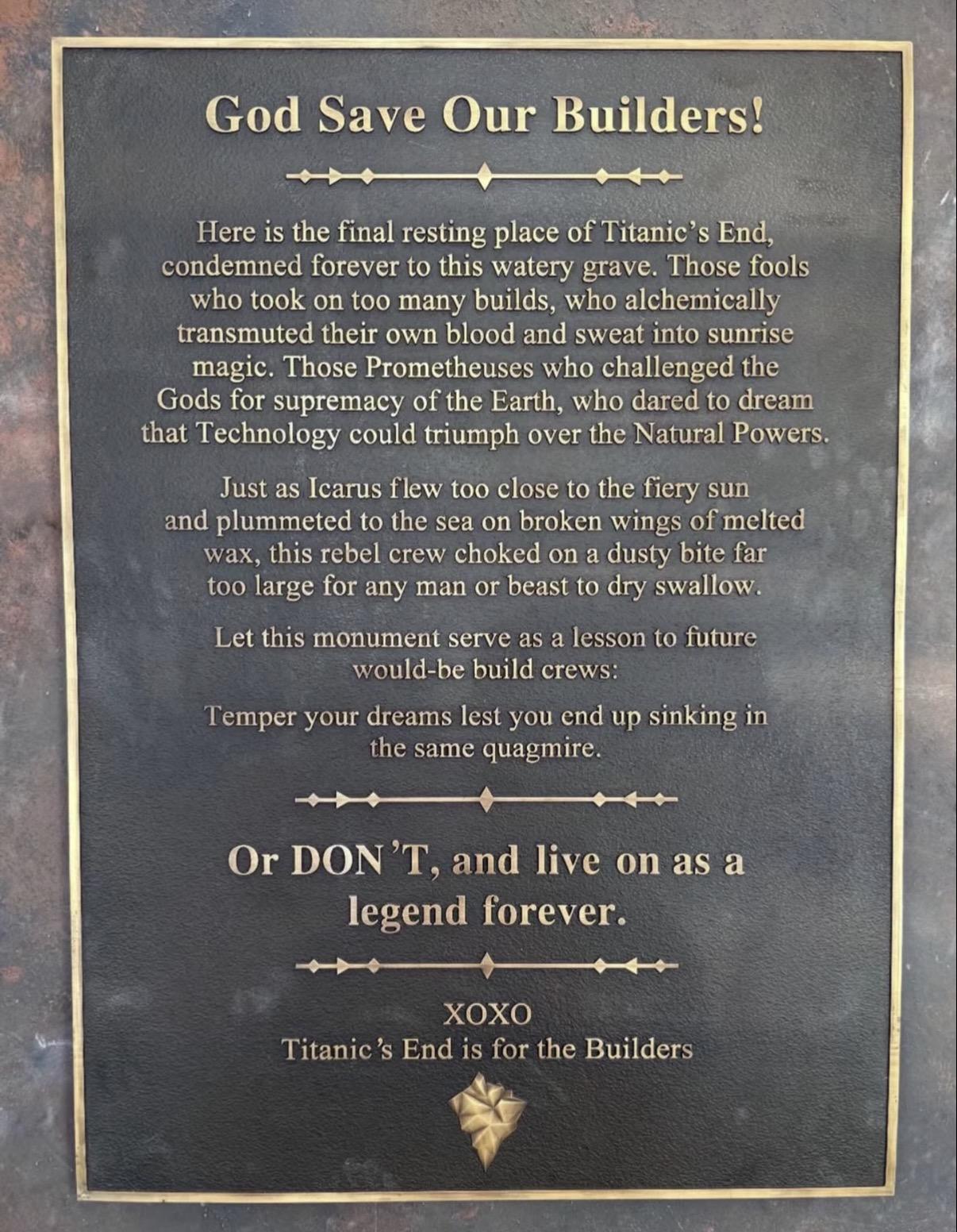 God Save Our Builders memorial plaque for Titanic's End